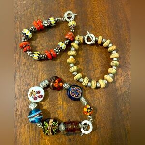 3 handmade vintage beaded bracelets silver and glass beads toggle clasp